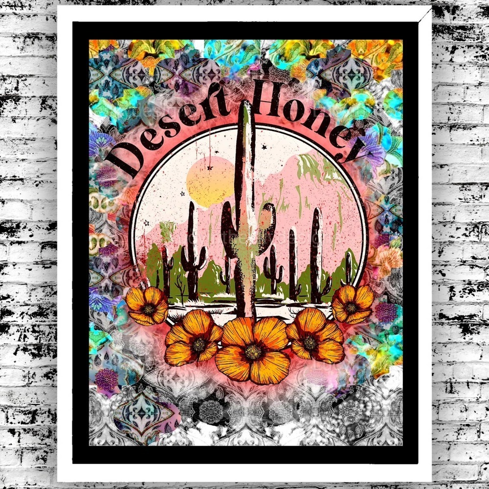 Desert Honey Bright Bohemian Cactus Blossom Art Print 8.5x11 Mixed Media